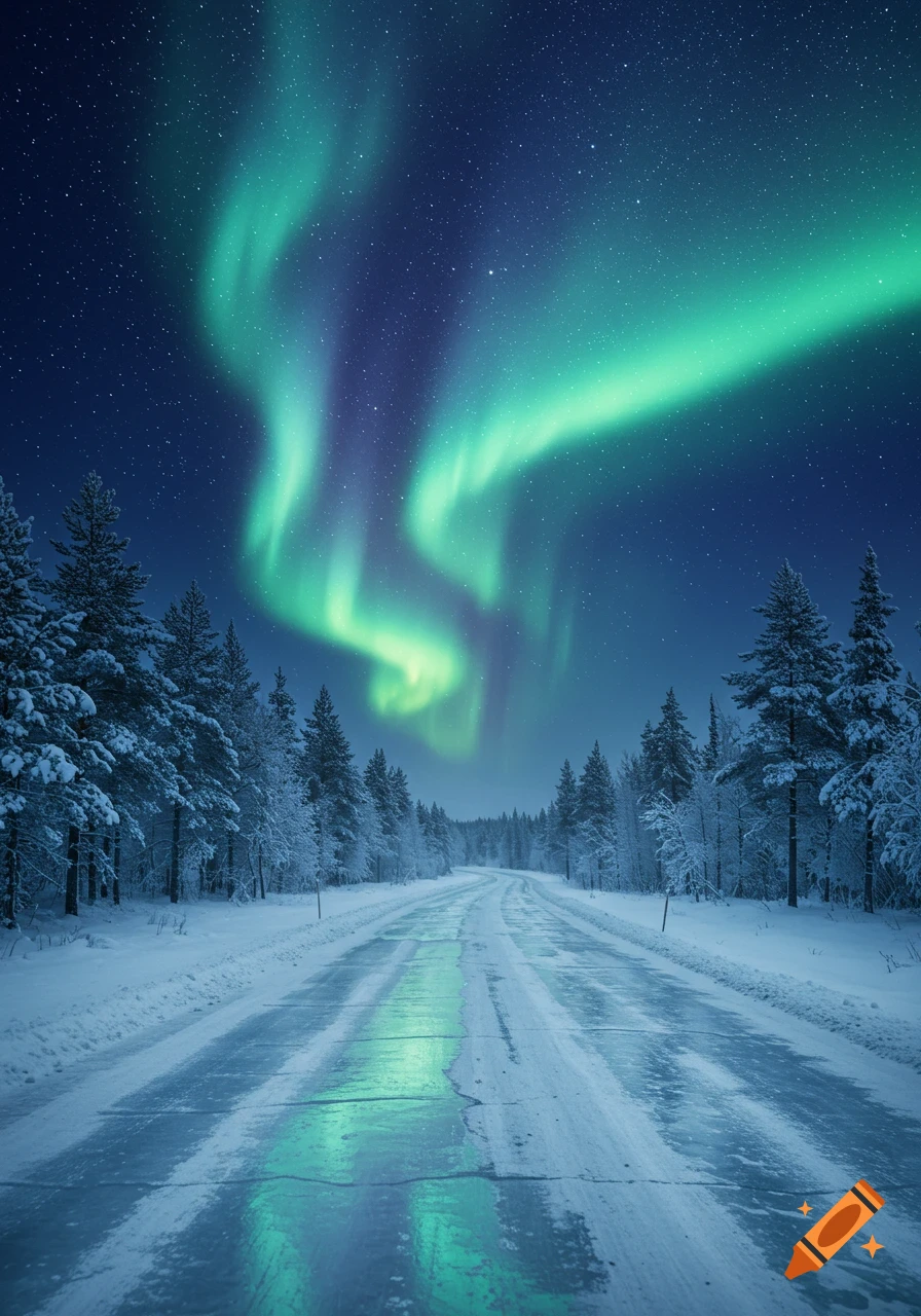 Photorealistic winter landscape with a snowy road, pine forest, and vibrant green aurora borealis.