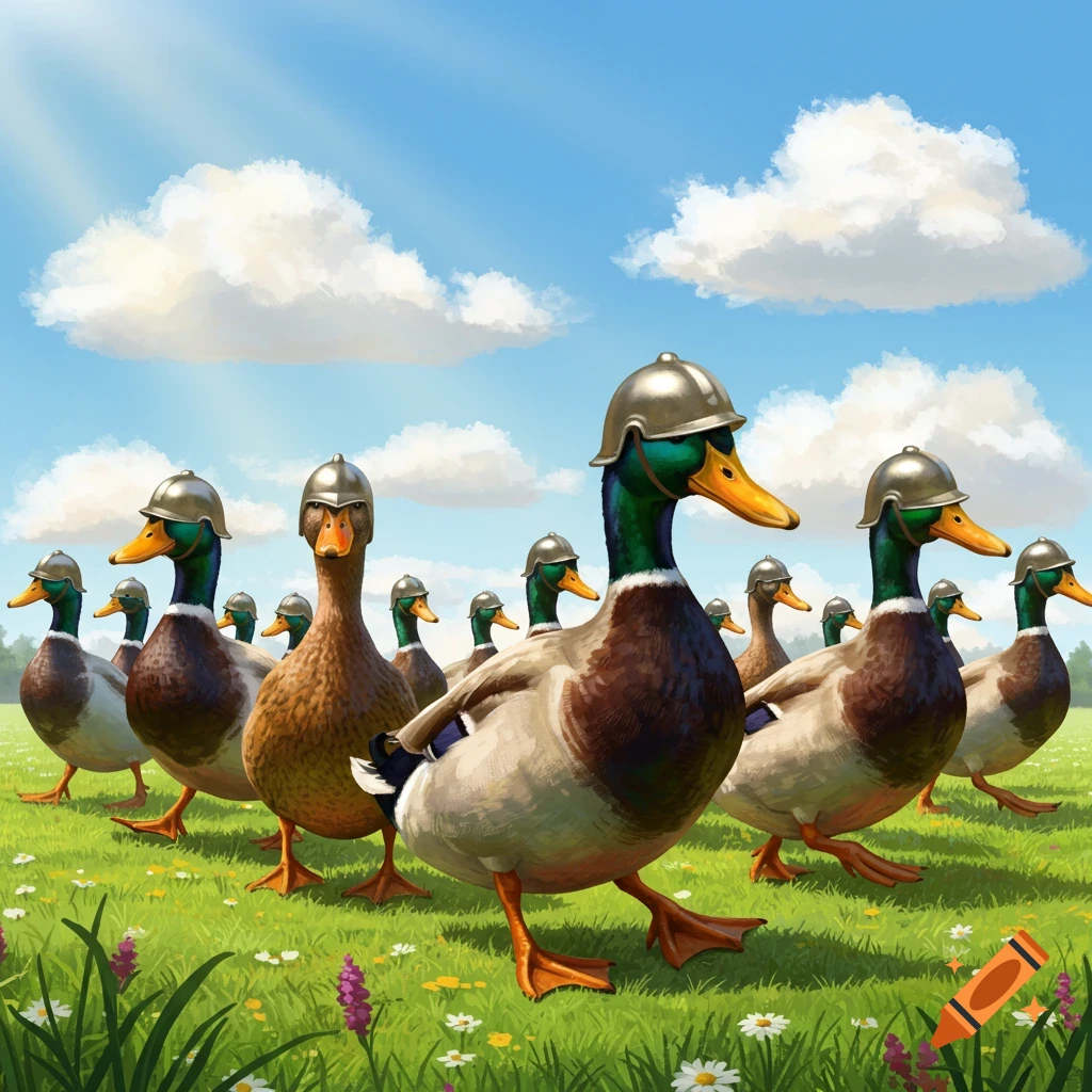 A large group of ducks wearing metal helmets marching through a green field under a sunny sky.