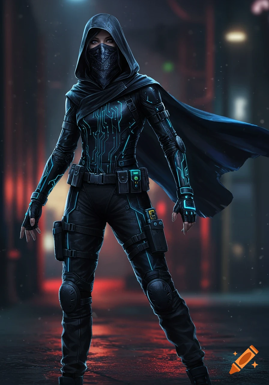 A female character in a black tech-enhanced stealth suit with glowing blue circuits, hood, and bandana stands in a dark, futuristic setting.