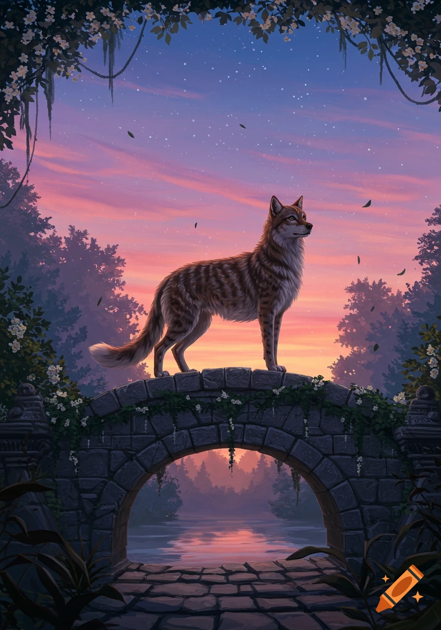 A stylized wolf-like creature stands on a stone bridge with flowering vines, silhouetted against a vibrant pink and blue sunset sky.