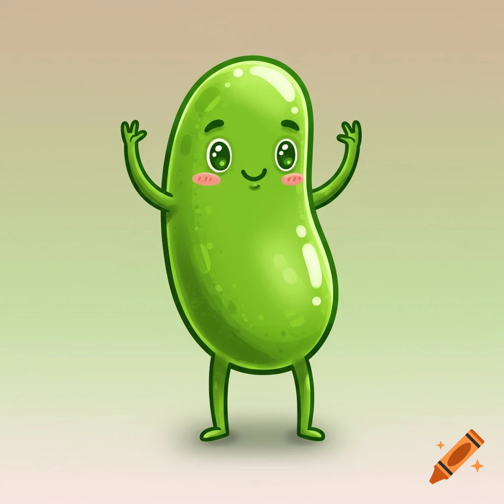 A cute, smiling green bean cartoon character with blush cheeks and big eyes, waving its arms on a gradient background.