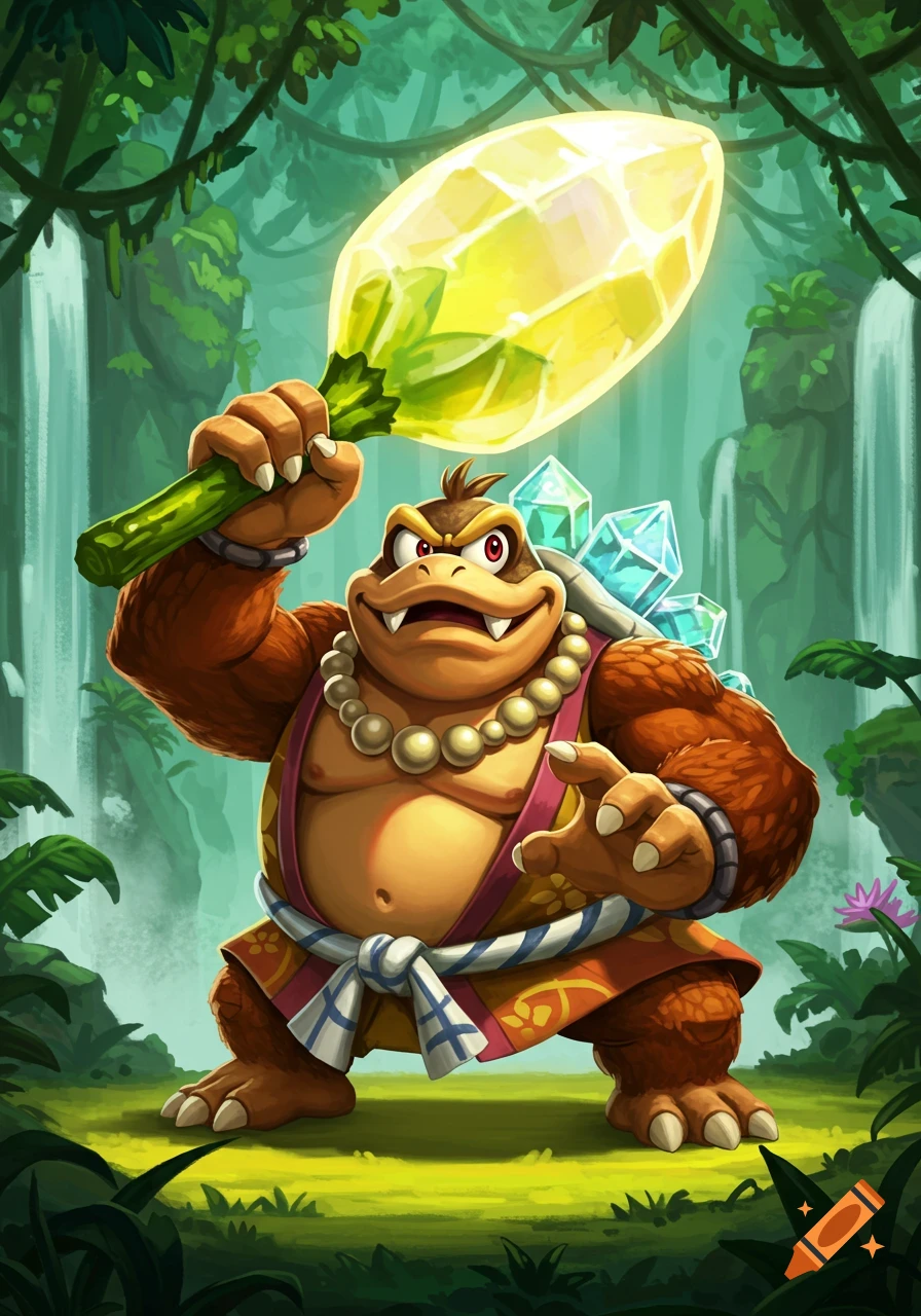 A Donkey Kong-style anthropomorphic Kappa turtle in a sumo outfit, holding a glowing crystal banana Kanabo in a lush jungle.