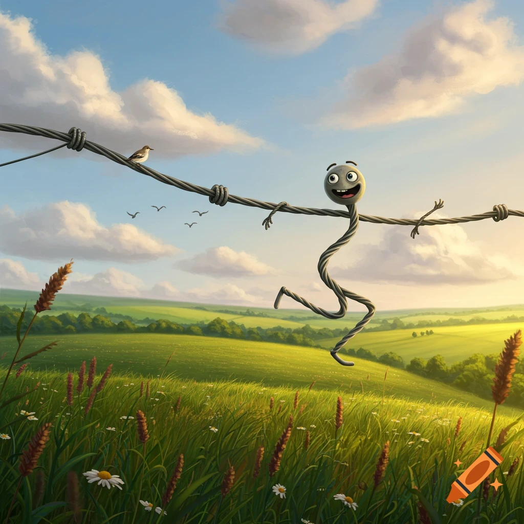 A whimsical wire character with a face, arms, and legs balances on a barbed wire fence above a vibrant green field under a cloudy sky.