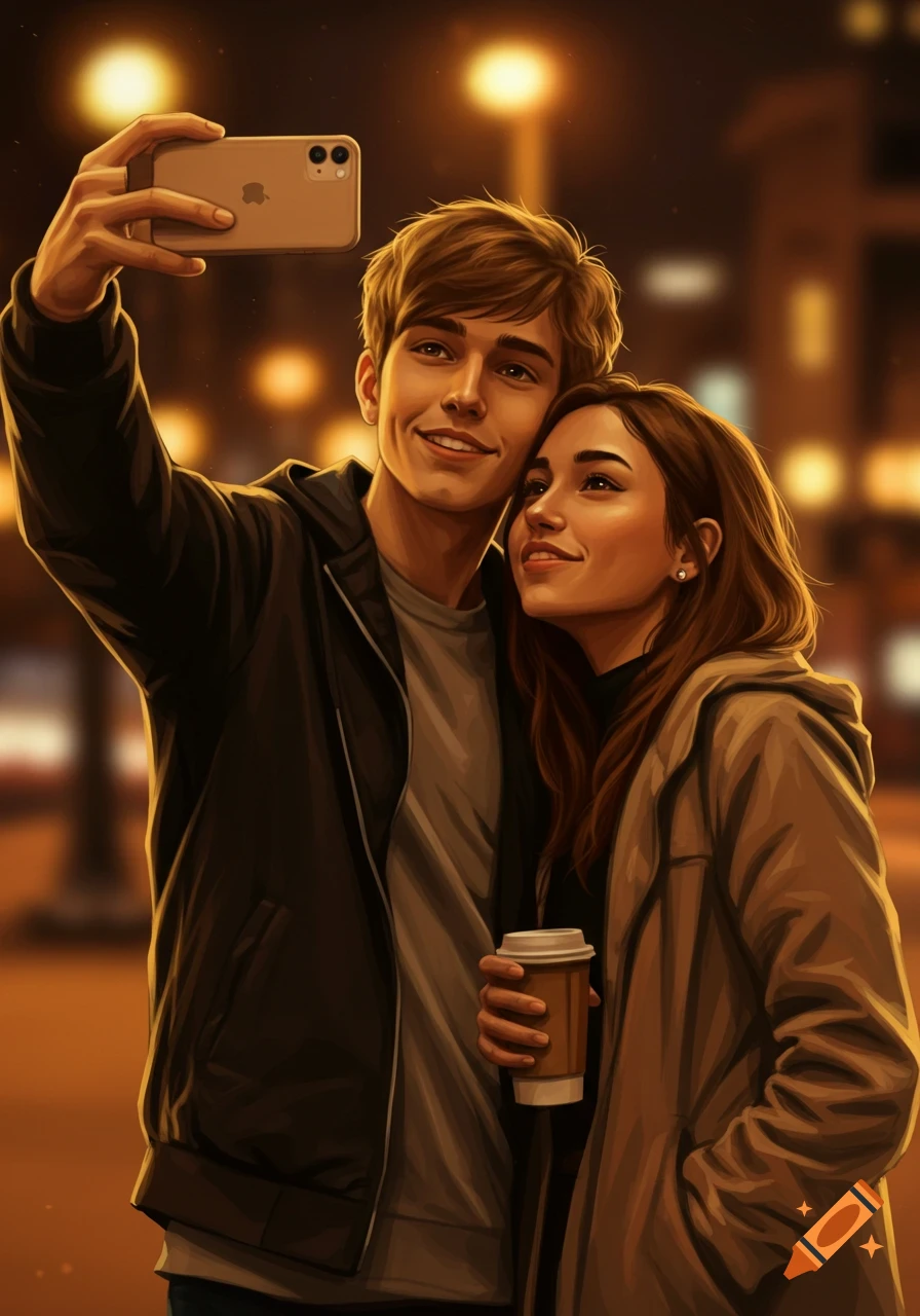 A young couple takes a selfie at night on a city street, illuminated by warm streetlights, in a digital art style.