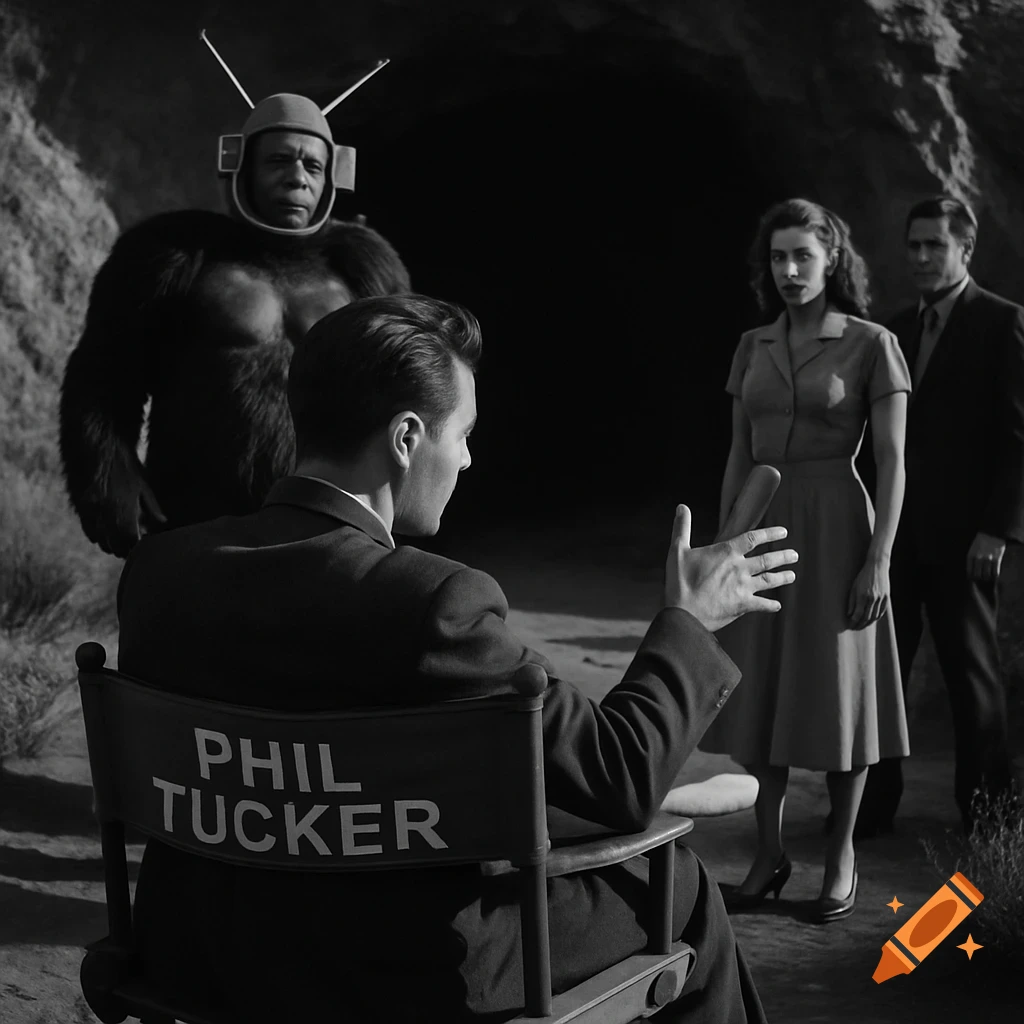 Black and white photo of director Phil Tucker on a film set, directing a person in a gorilla suit and two actors at a cave.