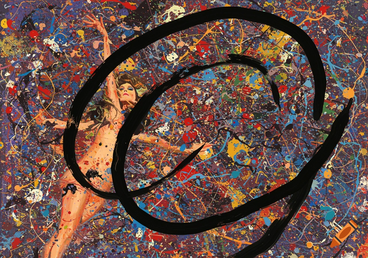 A painting in Jackson Pollock's style of a woman in a dynamic pose, surrounded by colorful paint splatters and bold black strokes.