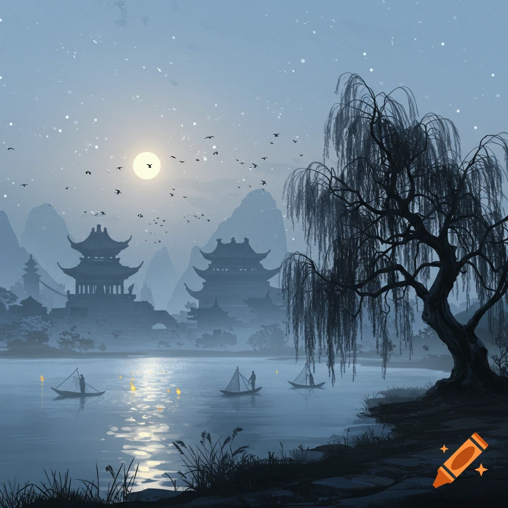 A serene digital painting of a moonlit East Asian landscape with traditional temples by a lake, boats, and a large willow tree.