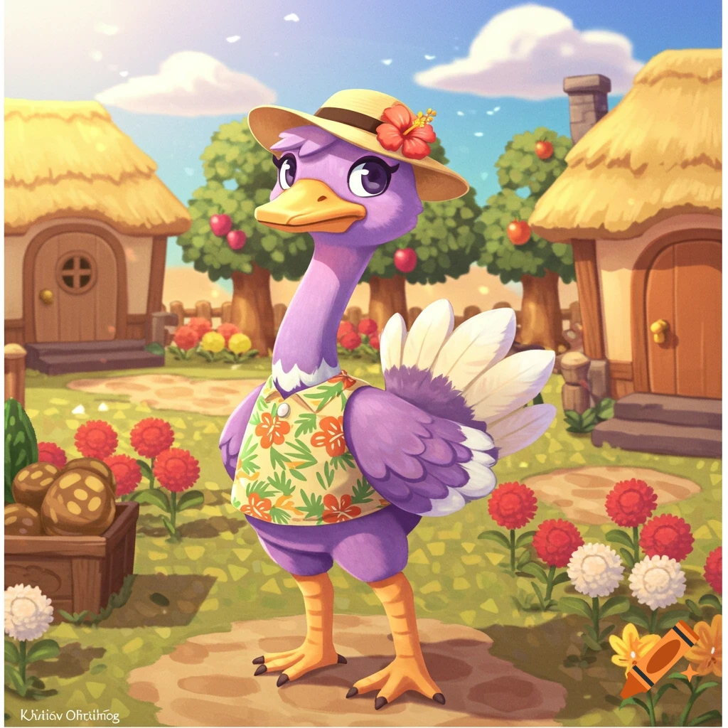 A purple Animal Crossing ostrich villager wearing a straw hat and Hawaiian shirt stands in a sunny village with houses and flowers.