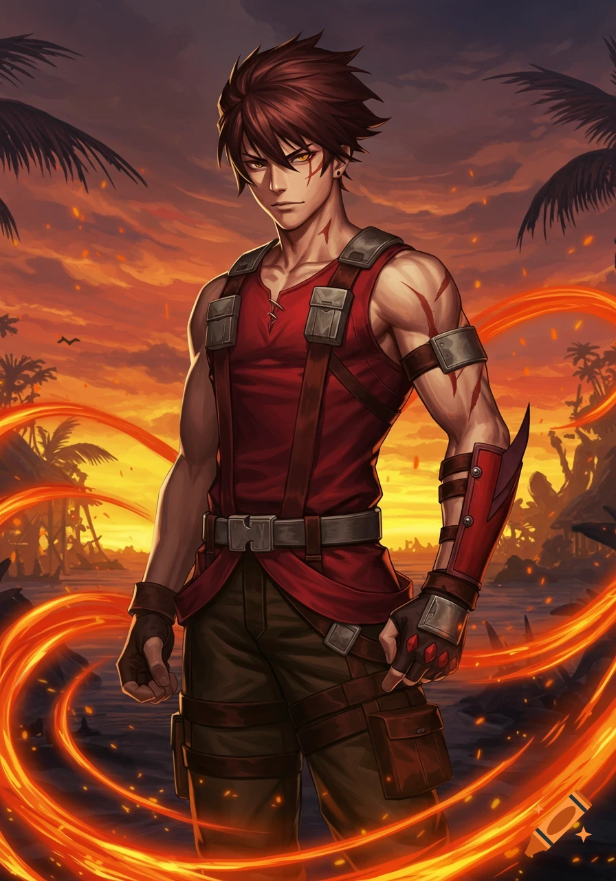 Anime-style male character, Arden, with red hair and scars, stands amidst fiery energy at a tropical sunset.