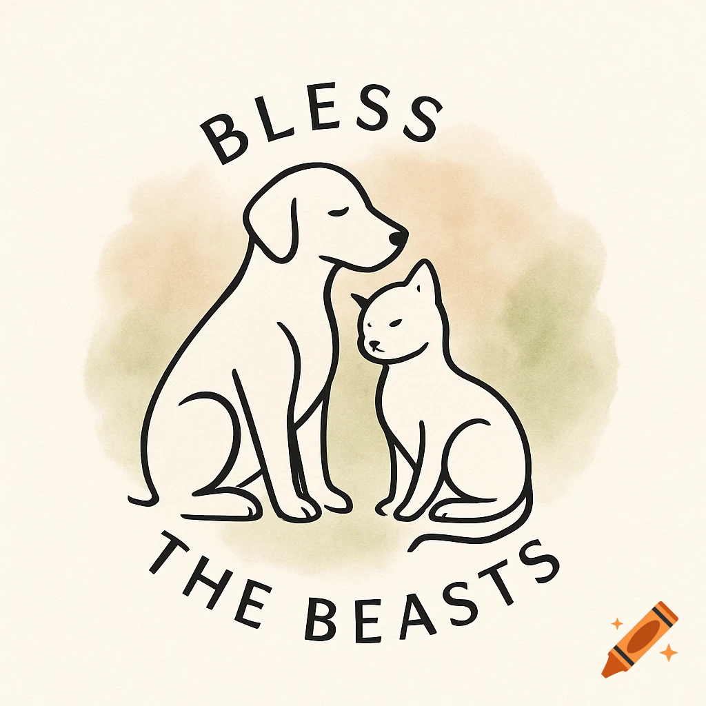 Line art illustration of a sitting dog and cat with "BLESS THE BEASTS" text on a light watercolor background.