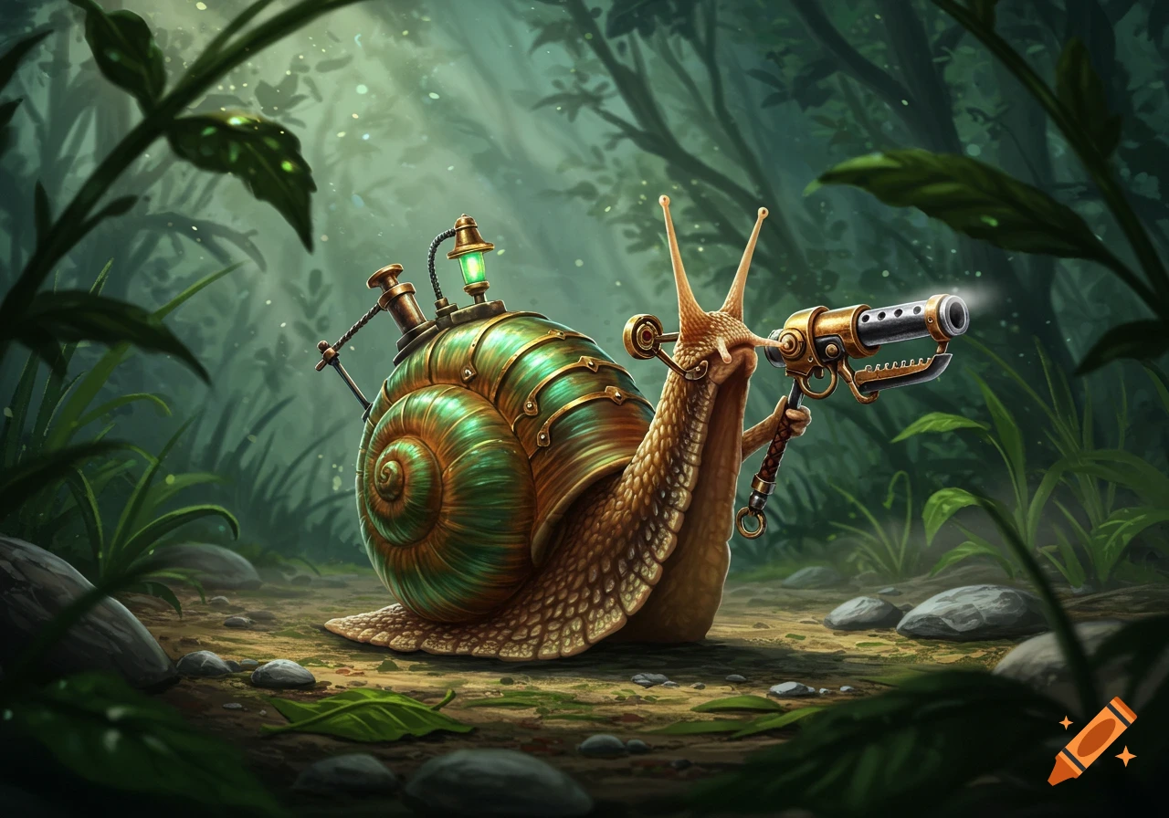 A highly detailed steampunk snail with a metallic shell and glowing lantern holds a brass gun in a lush, green forest.