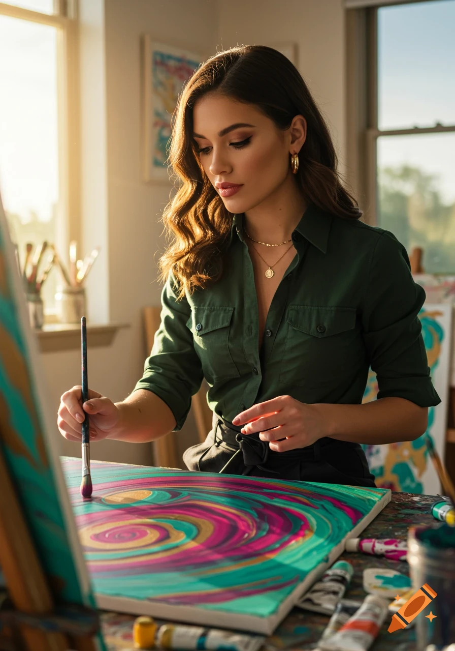 A woman with dark hair in a green shirt painting a vibrant abstract canvas in a sunlit studio.