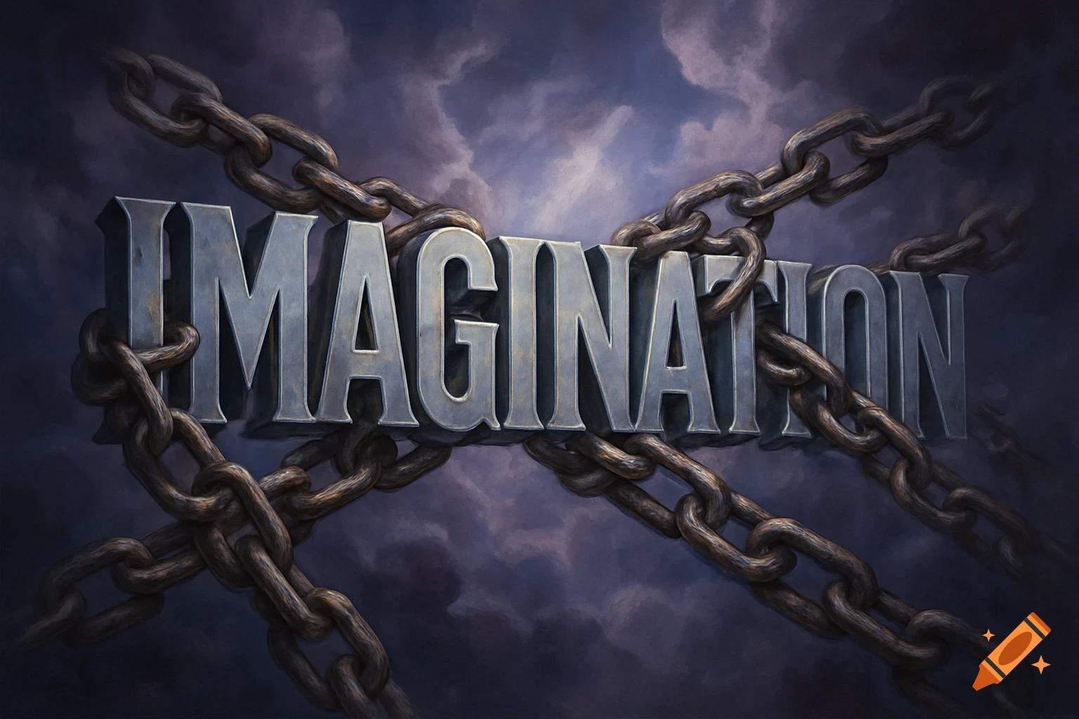 3D metallic word 'IMAGINATION' chained by heavy links against a dark, stormy sky.