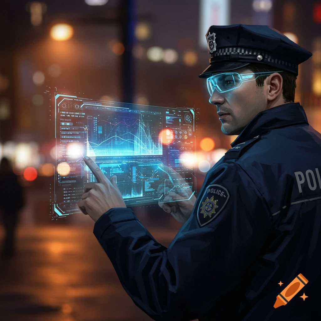 A photorealistic drawing of a police officer in uniform and futuristic glasses, interacting with a glowing holographic display at night.