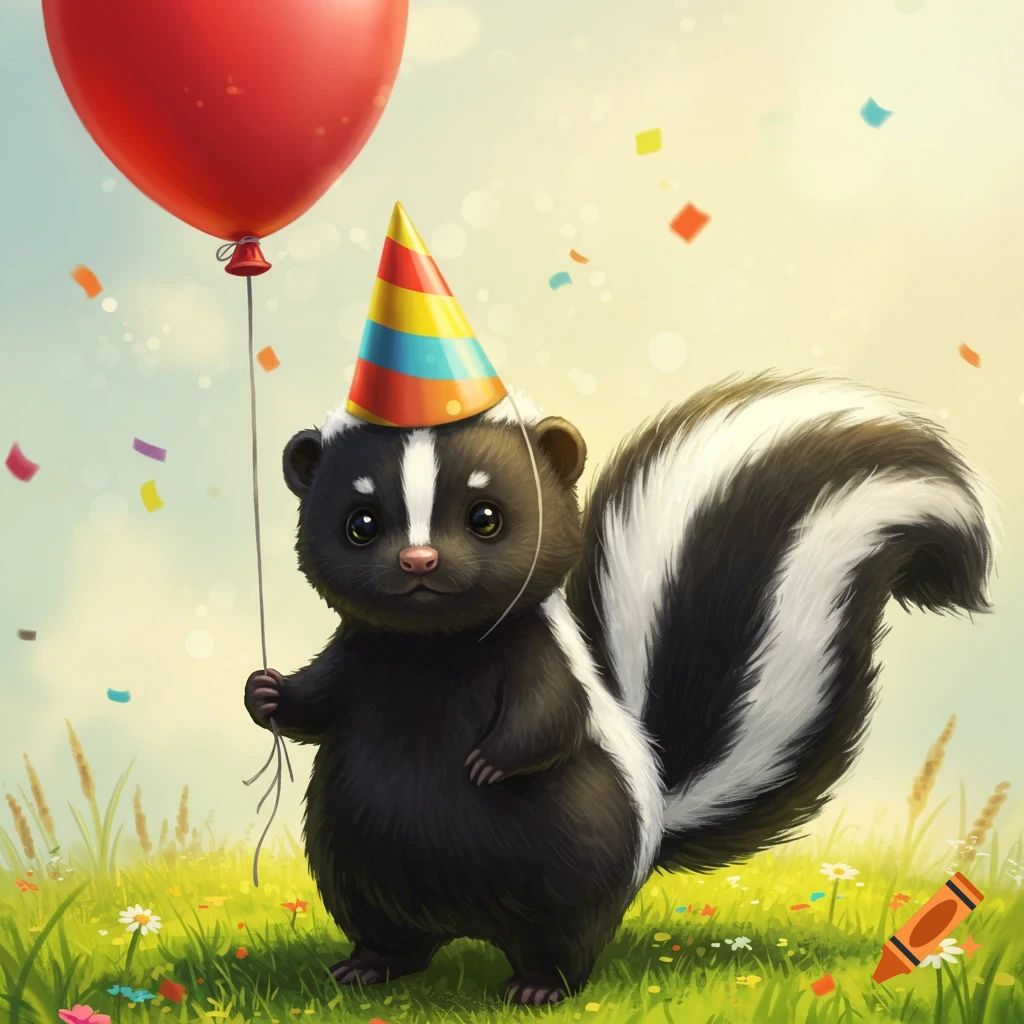A cute cartoon skunk wearing a colorful party hat holds a red balloon in a grassy field with falling confetti.