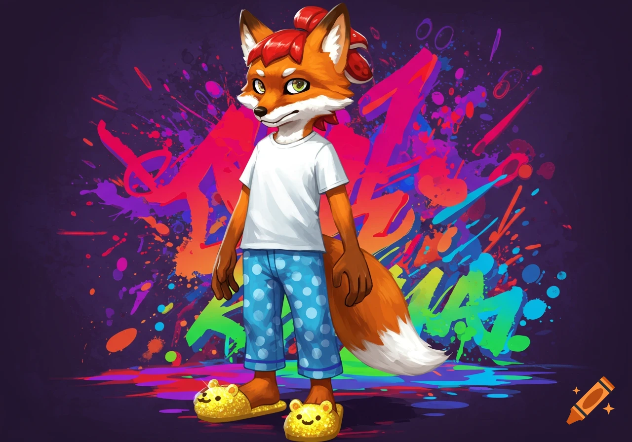 An anthropomorphic red fox in a white t-shirt, blue polka dot pajama pants, and yellow bear slippers stands against a vibrant, colorful paint splatter background in an Inkling-inspired style.