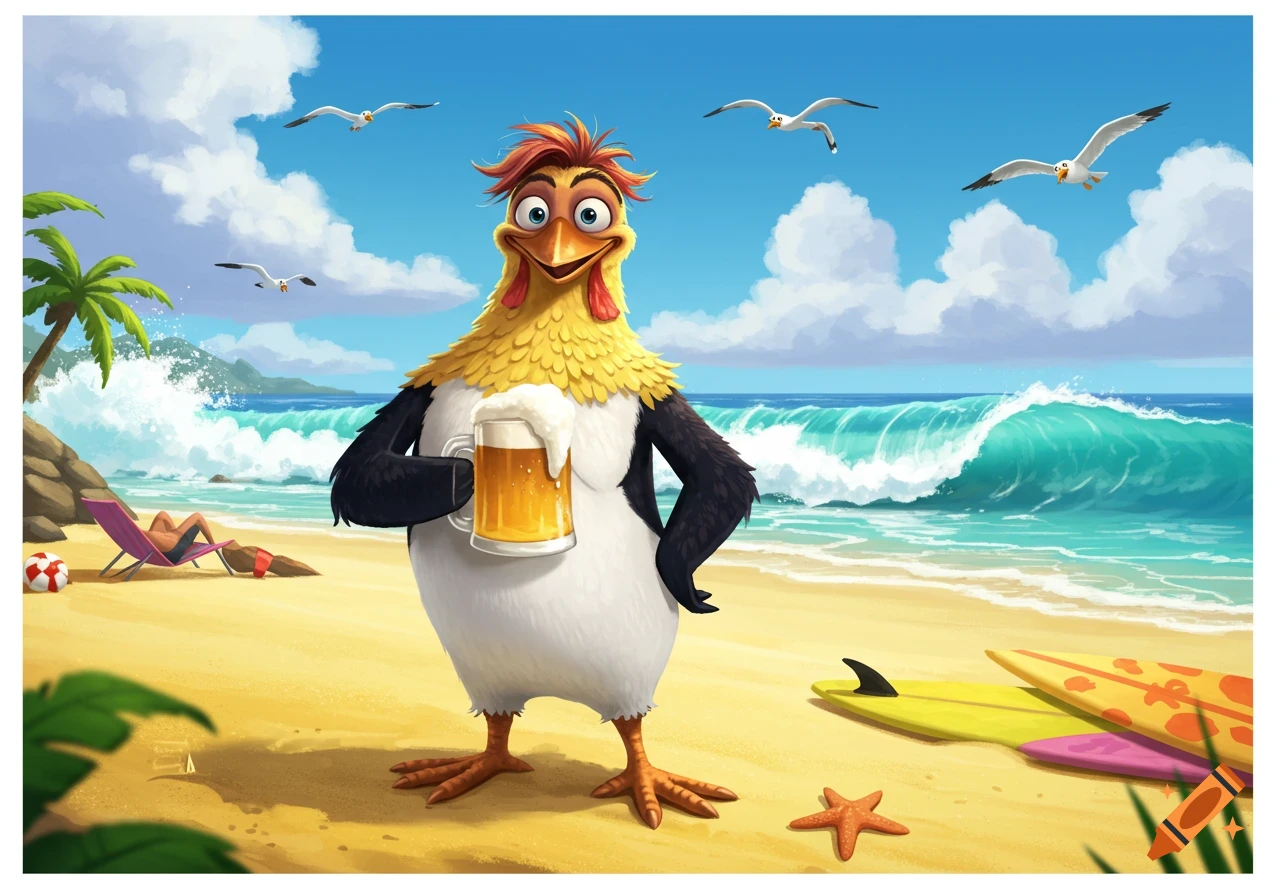 A cartoon chicken, 'Chicken Joe', holding a pint of beer on a sunny beach with waves and seagulls in an animated style.
