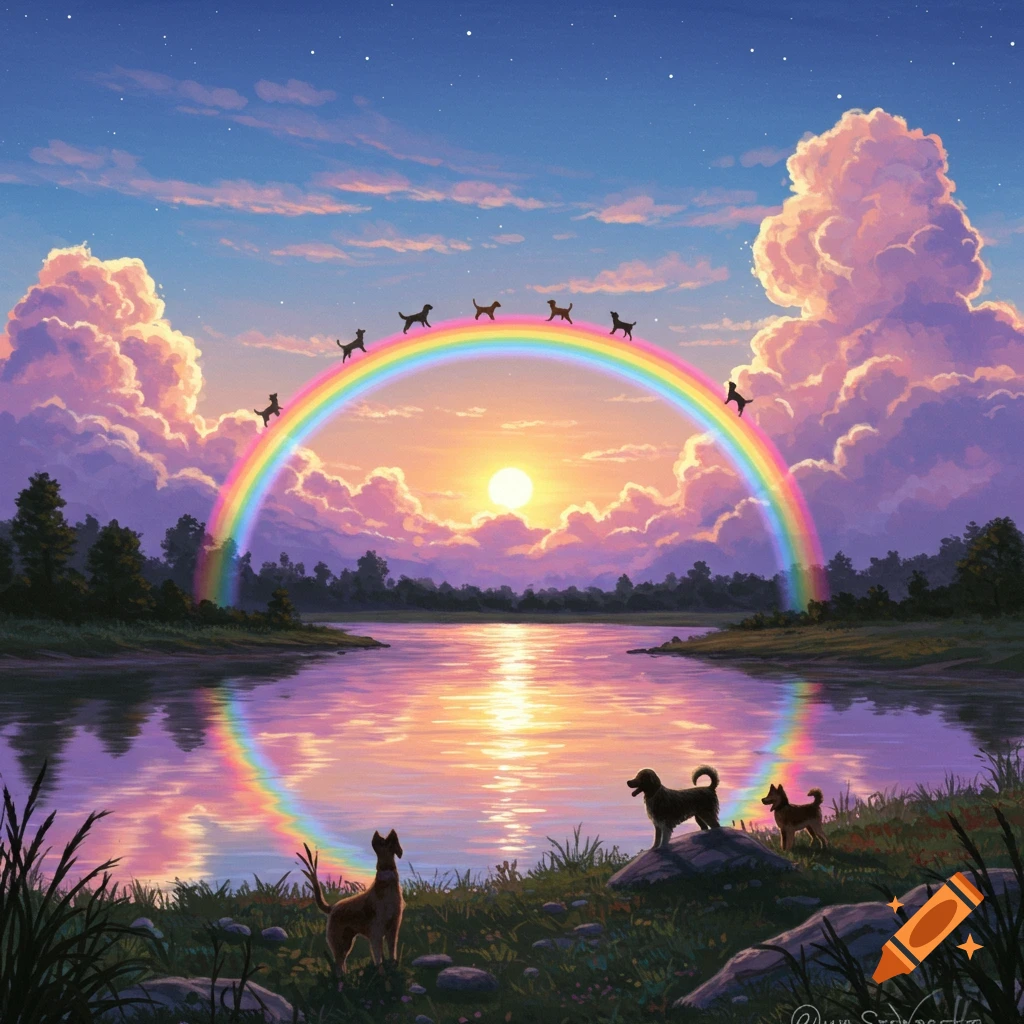 Dogs walk across a vibrant rainbow bridge over a tranquil lake at sunset, with more dogs watching from the grassy shore.