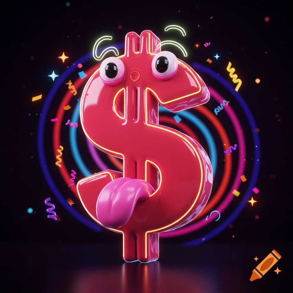 A cartoonish red dollar sign character with googly eyes and a pink tongue sticks out, surrounded by neon rings and festive confetti.