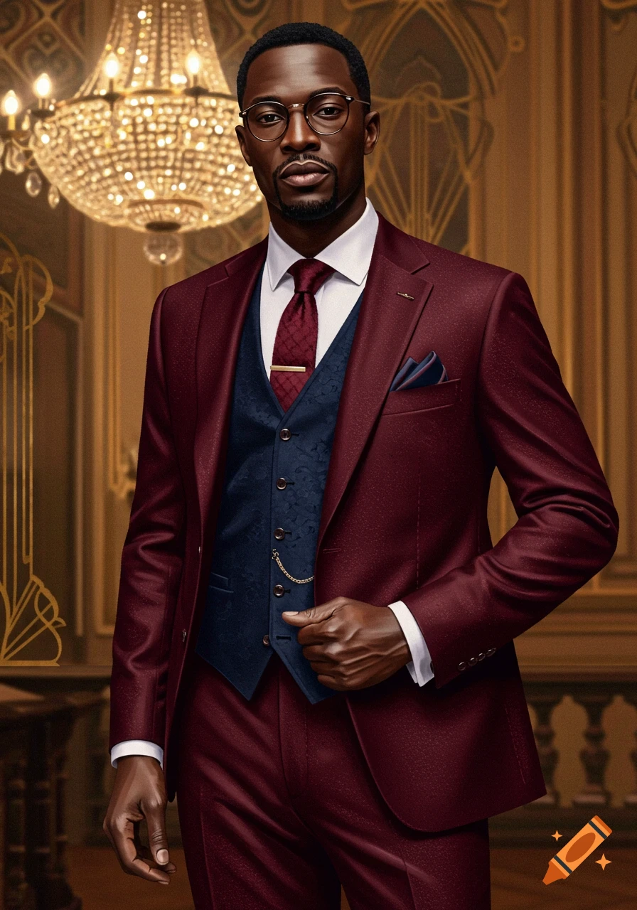 Photorealistic portrait of a stylish Black man in a burgundy suit, navy waistcoat, and glasses, standing in an elegant room with a chandelier.