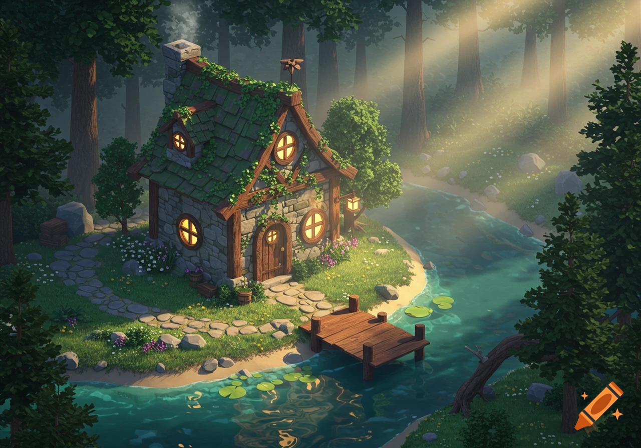 An isometric view of a charming fantasy stone cottage with a green roof, nestled by a river in a sunlit forest.