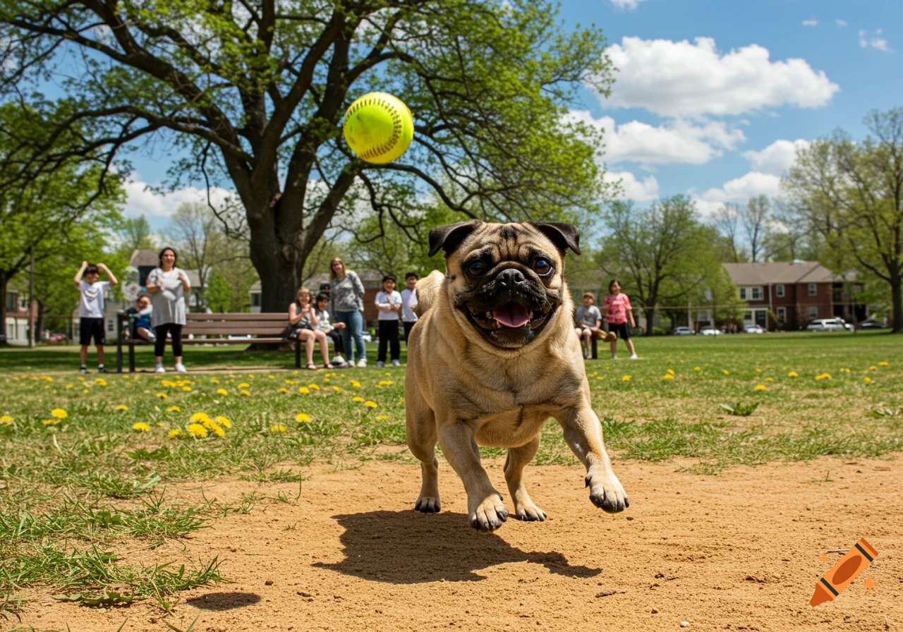 A happy pug runs on a dirt path, eyes fixed on a yellow softball suspended in mid-air in a sunny park.
