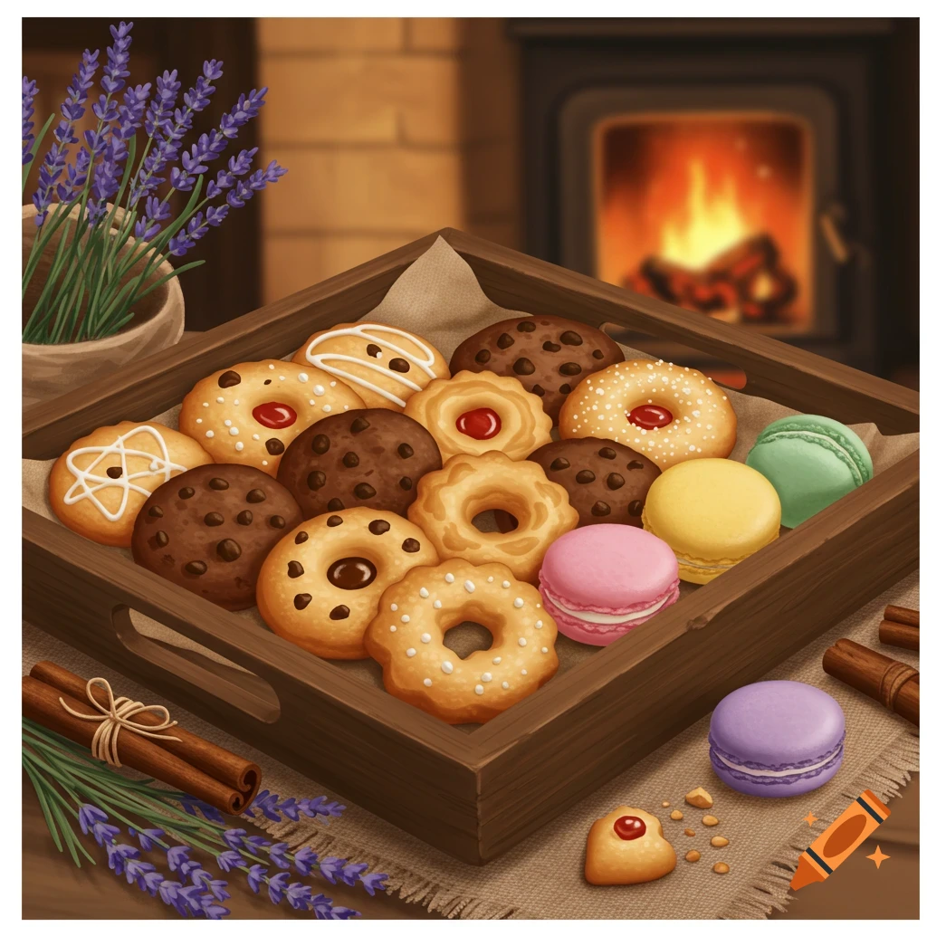 An illustration of a wooden tray filled with assorted cookies and colorful macarons, with lavender and cinnamon sticks, set against a cozy fireplace.