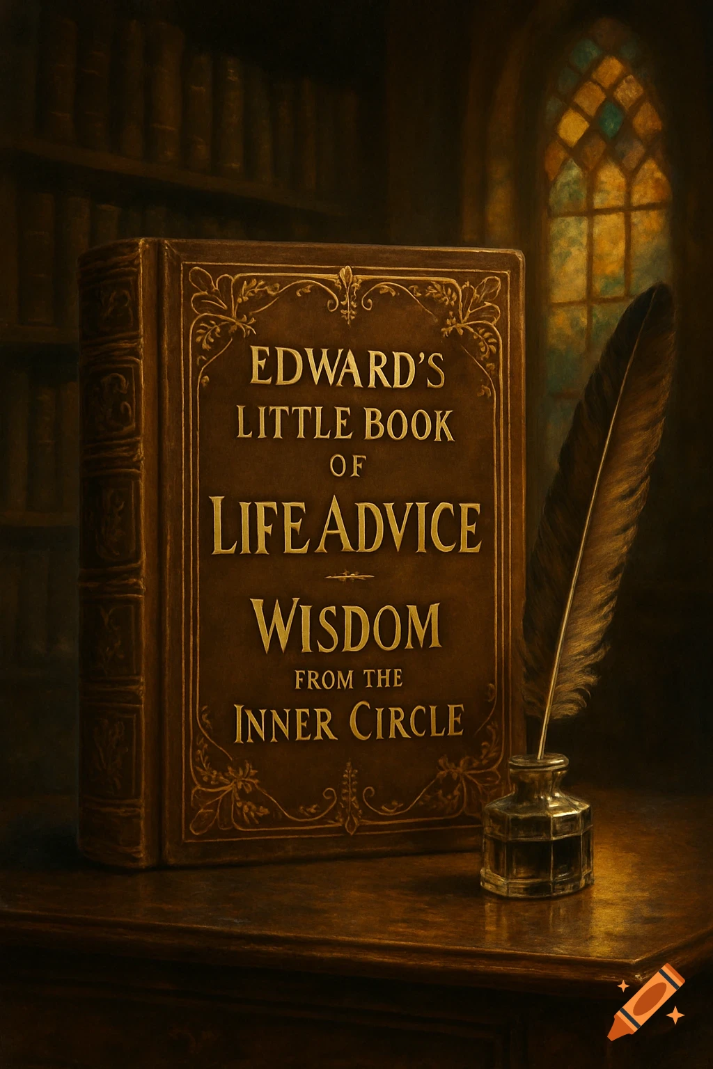 Vintage book titled 'Edward's Little Book of Life Advice' with a quill and inkwell on a table in a dimly lit library.