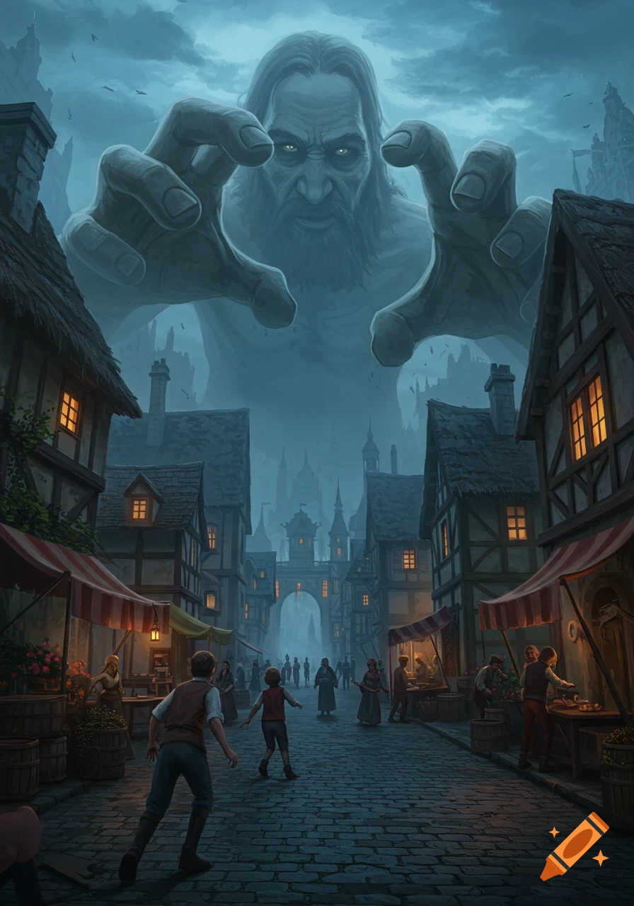 A menacing giant's face and hands loom over a medieval town, with people panicking in the streets. Digital art.