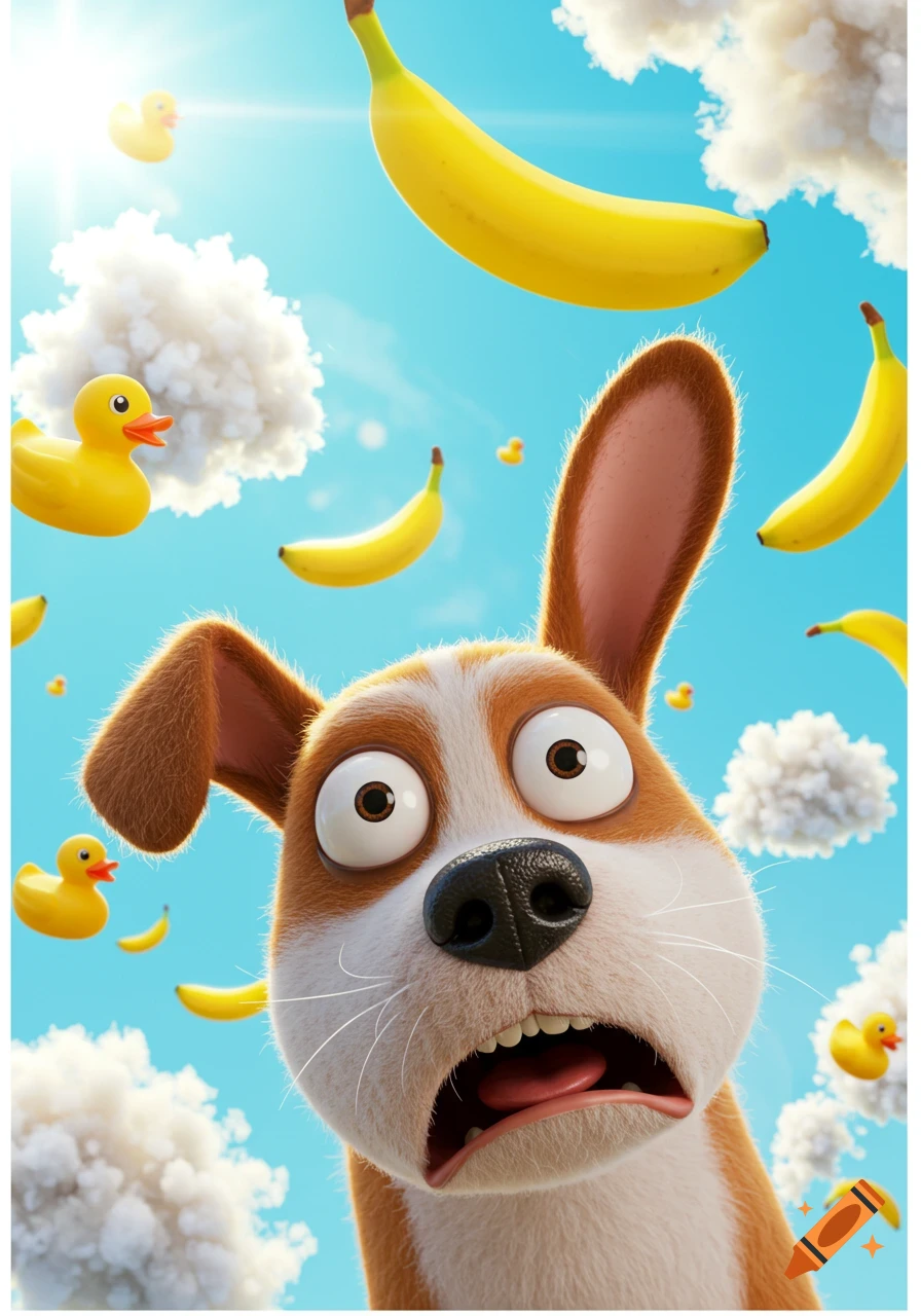 A wide-eyed cartoon dog looks up in surprise as bananas, rubber ducks, and clouds float in a bright blue sky.