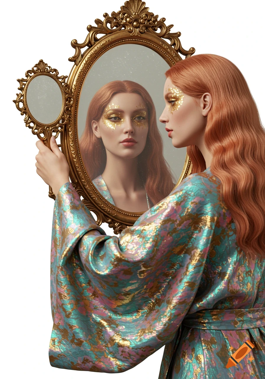 Hyperrealistic portrait of a glamorous woman with glitter makeup, wearing a shimmering robe, looking into an ornate gold mirror.