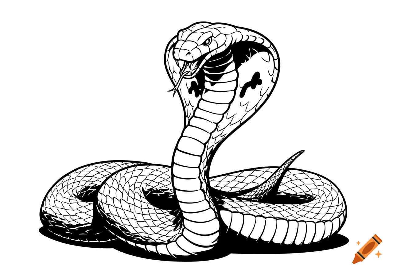 Black and white cartoon drawing of an upright king cobra with its hood spread, tongue out, and body coiled.