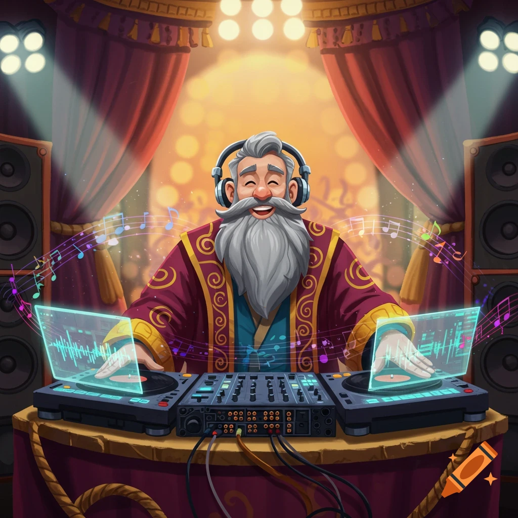 Cartoon grey-bearded DJ in a robe wearing headphones, mixing music on decks on a stage.