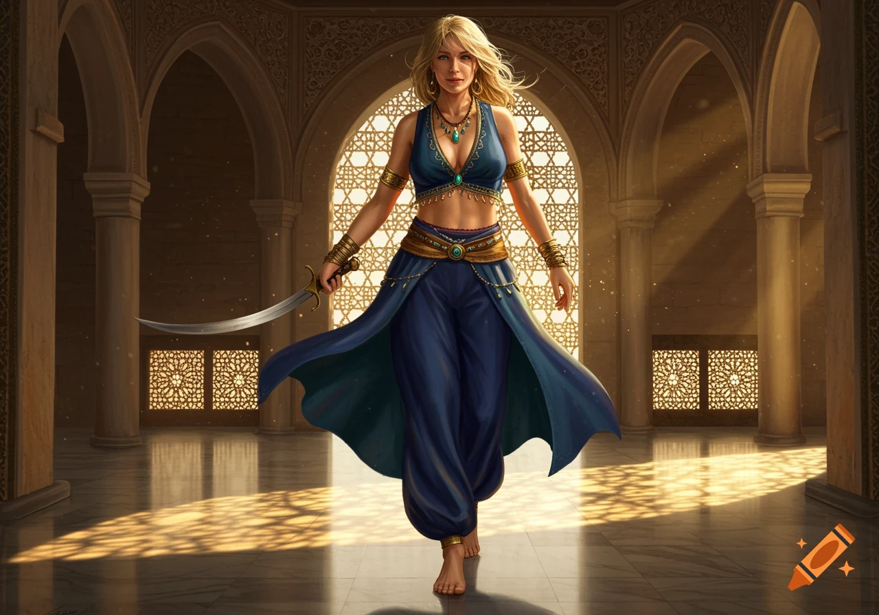 A blonde woman in a blue harem outfit with a scimitar walks barefoot on a marble floor in an ornate, sunlit hall.