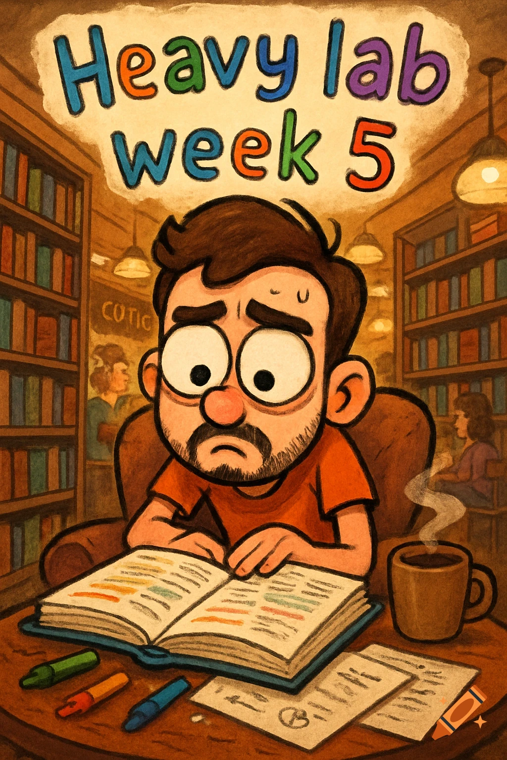 Cartoon of a stressed man with big eyes and a beard, studying at a table in a coffee shop with books, markers, and coffee. Text reads 'Heavy lab week 5'.