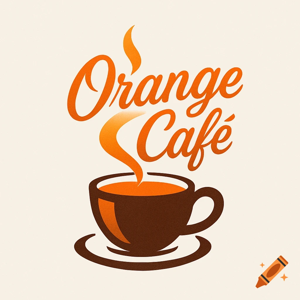 A stylized logo for "Orange Café" with orange-gradient text above a steaming cup of orange-brown coffee on a saucer.