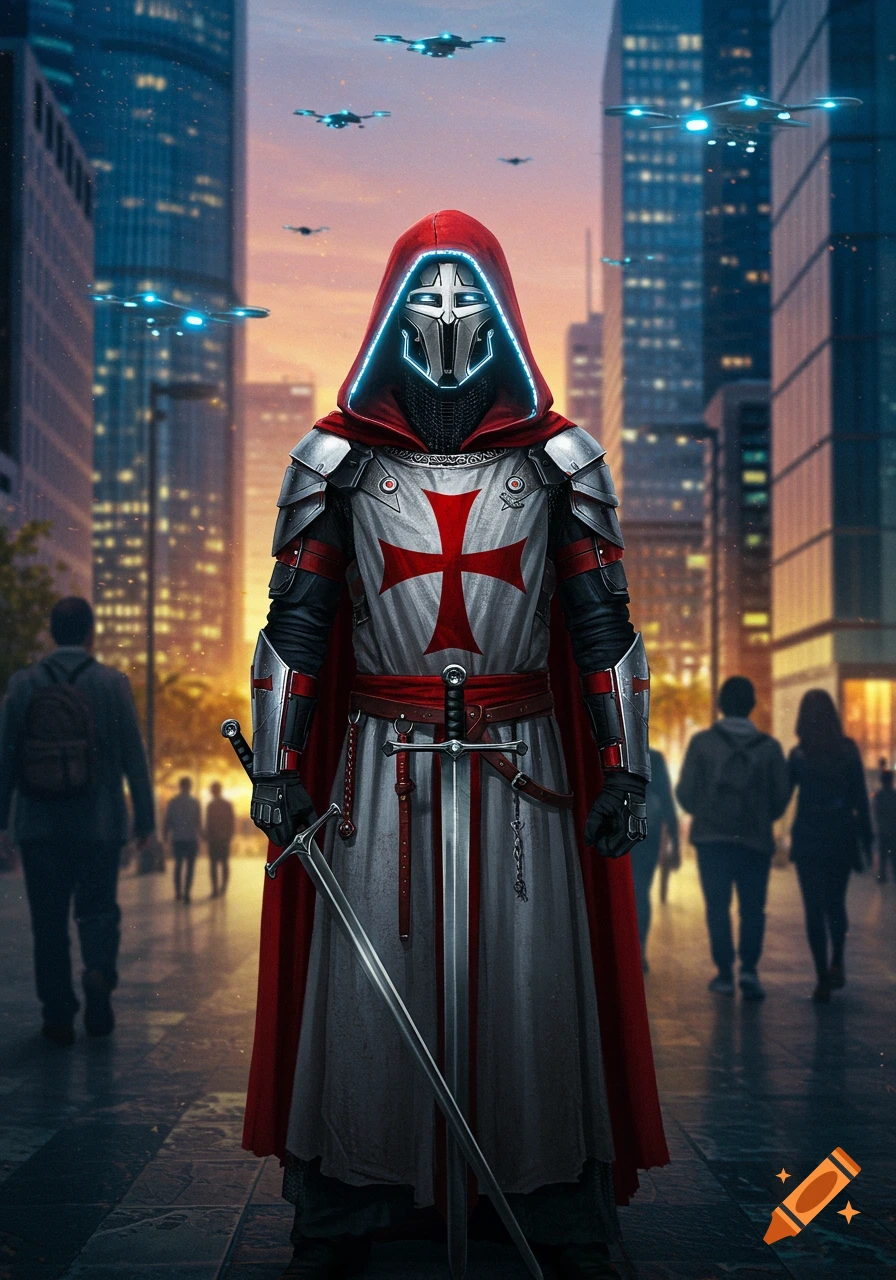 A futuristic Knight Templar in armor with a glowing mask stands on a city street at dusk, holding a sword, with drones flying overhead.