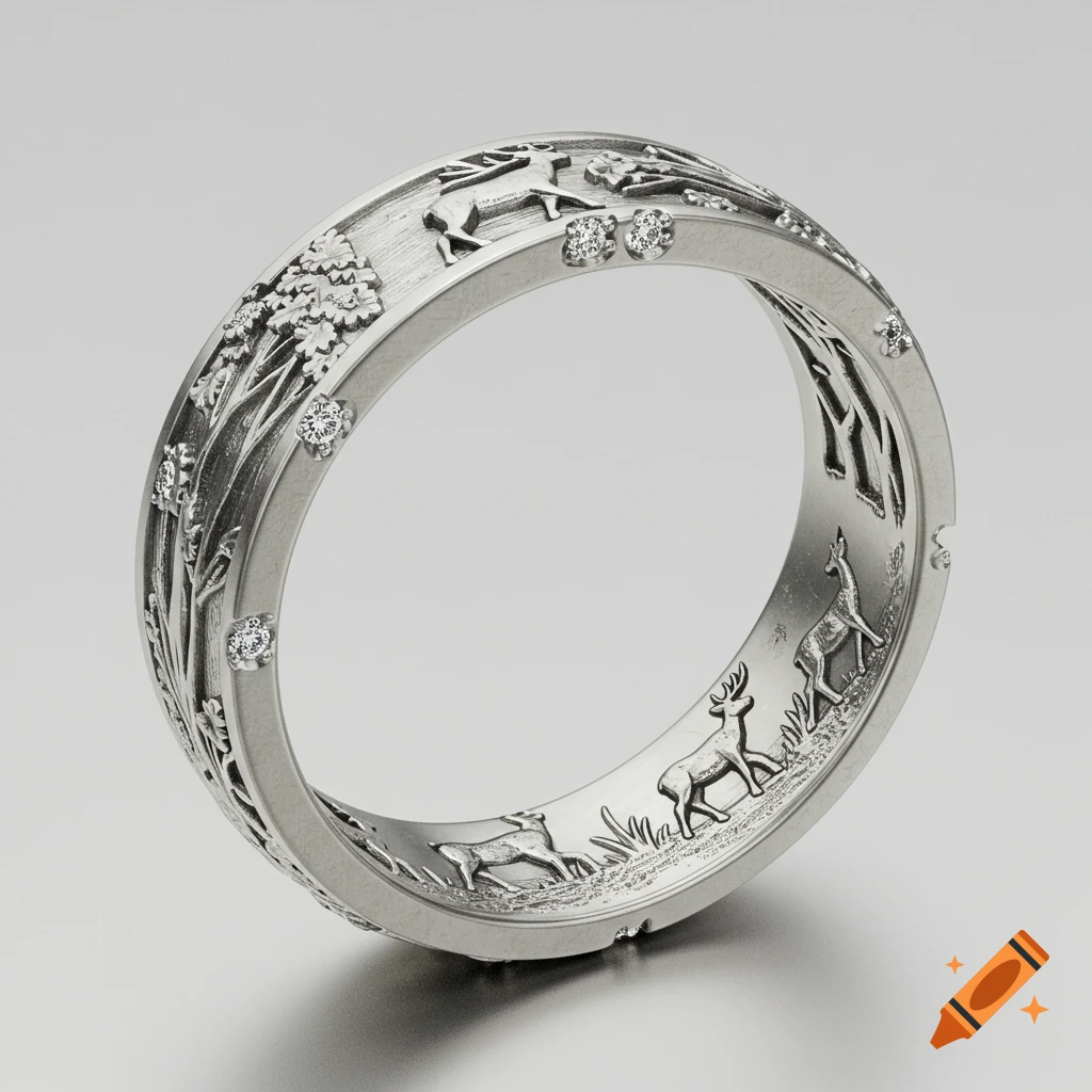 A detailed silver wedding band with an engraved woodland scene featuring deer and trees, accented with small diamonds.