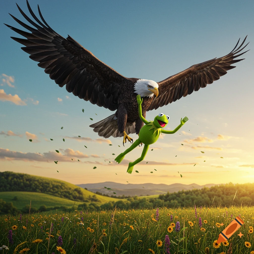 A majestic bald eagle flies through a golden sky, carrying a startled Kermit the Frog over a vibrant wildflower field and green hills.