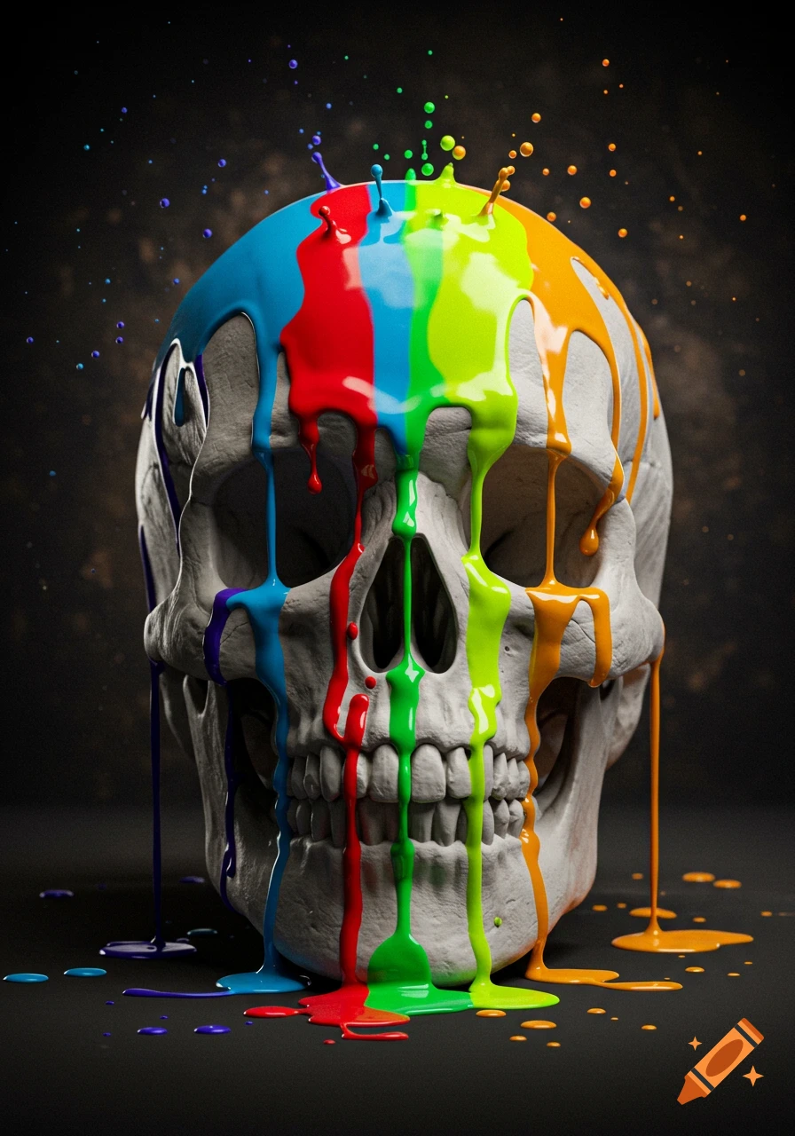 A grey skull covered in bright, dripping rainbow-colored paint against a dark background.