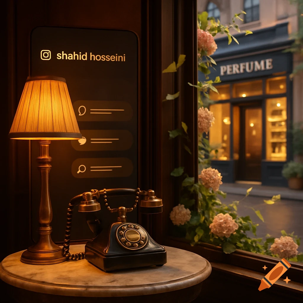 A vintage rotary phone and an ornate lamp sit on a marble table by a window, looking out onto a street with a 'PERFUME' shop. An Instagram-like overlay with text is visible on the left.