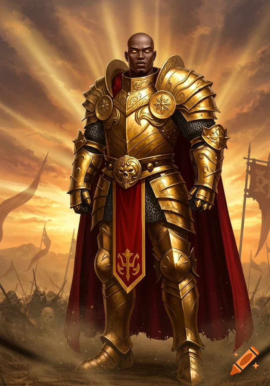 A bald Black man in ornate golden plate armor and a red cape stands on a battlefield with a sunset sky.