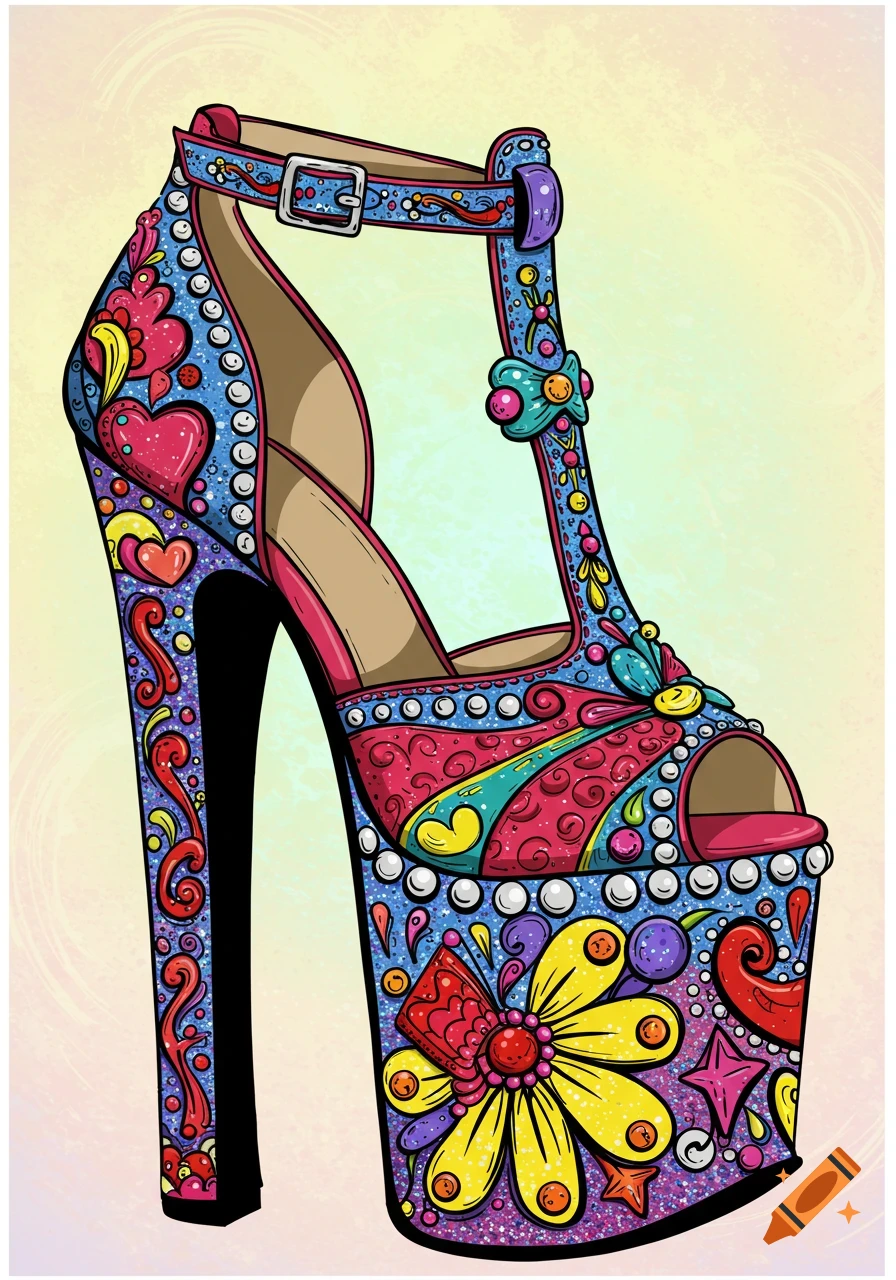 Vibrantly decorated cartoon platform heel with hearts, flowers, and glitter.