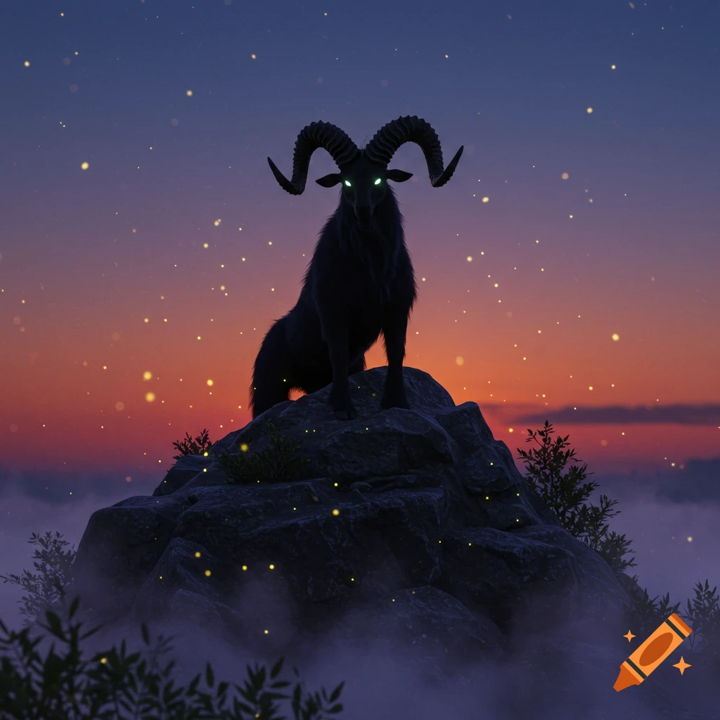 A dark, horned creature with glowing green eyes stands on a misty rocky peak at sunset, surrounded by luminous particles.