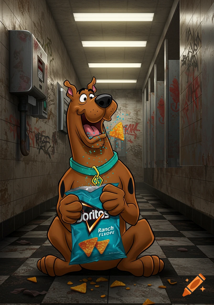 Cartoon Scooby-Doo sits on a dirty tiled floor in a gas station bathroom, happily eating Cool Ranch Doritos from a blue bag.