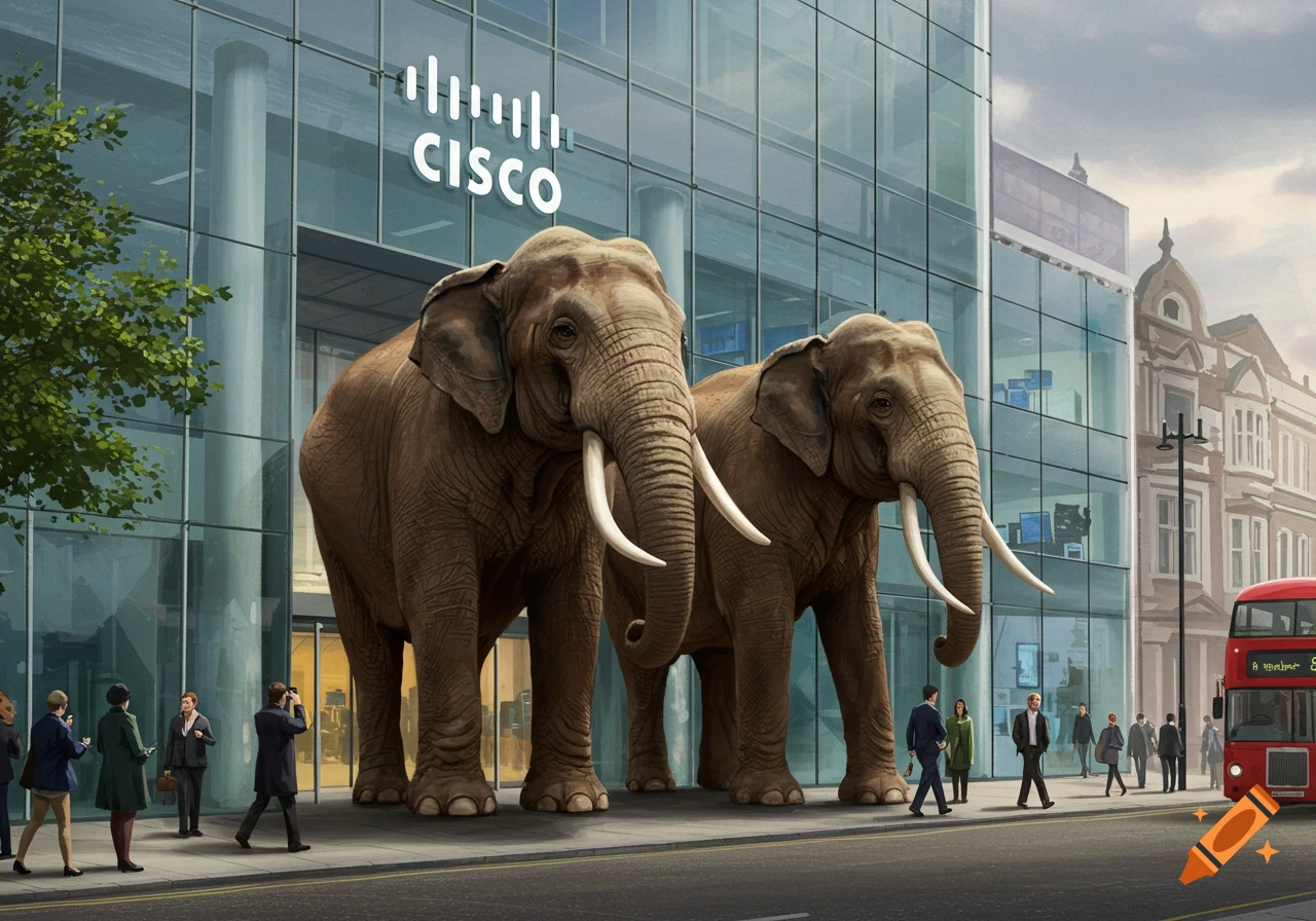 Two large elephants walk on a city sidewalk in front of a glass Cisco building, with people and a red London bus.