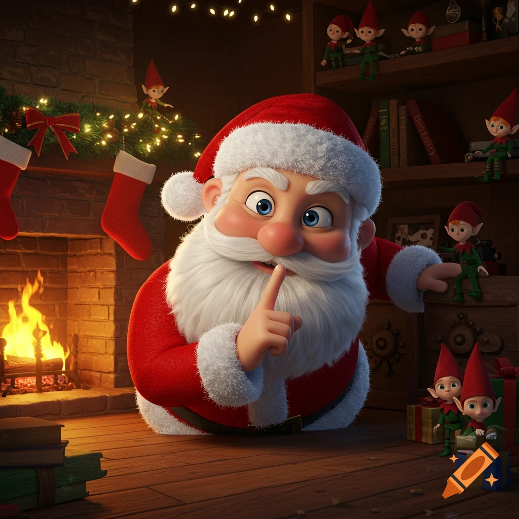 Cartoon Santa Claus shushing, peeking into a festive room with elves on shelves, stockings, and a fireplace.