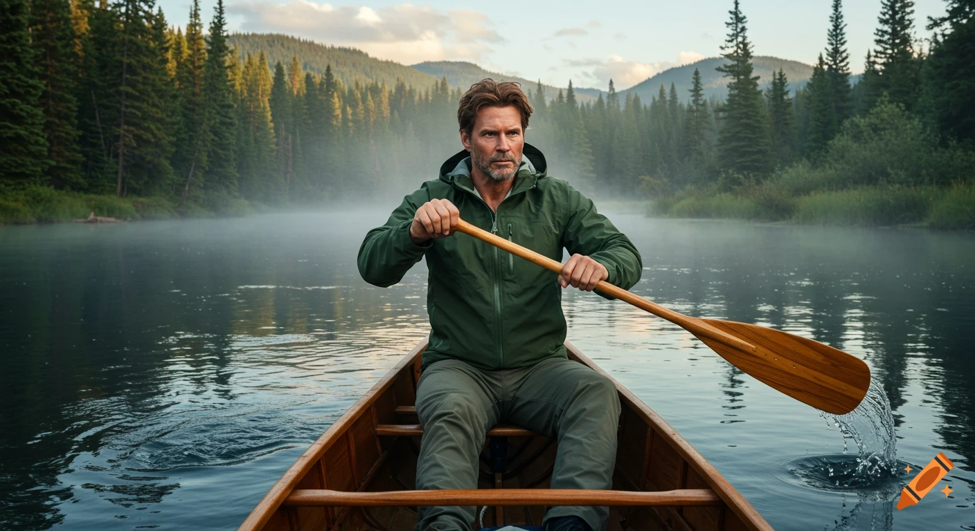 A man in a green jacket paddles a wooden canoe on a misty river with a dense forest in the background. Photorealistic.