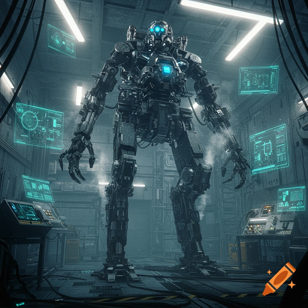 A large, heavily armored robot with glowing blue eyes stands in a futuristic, dimly lit laboratory with holographic screens.