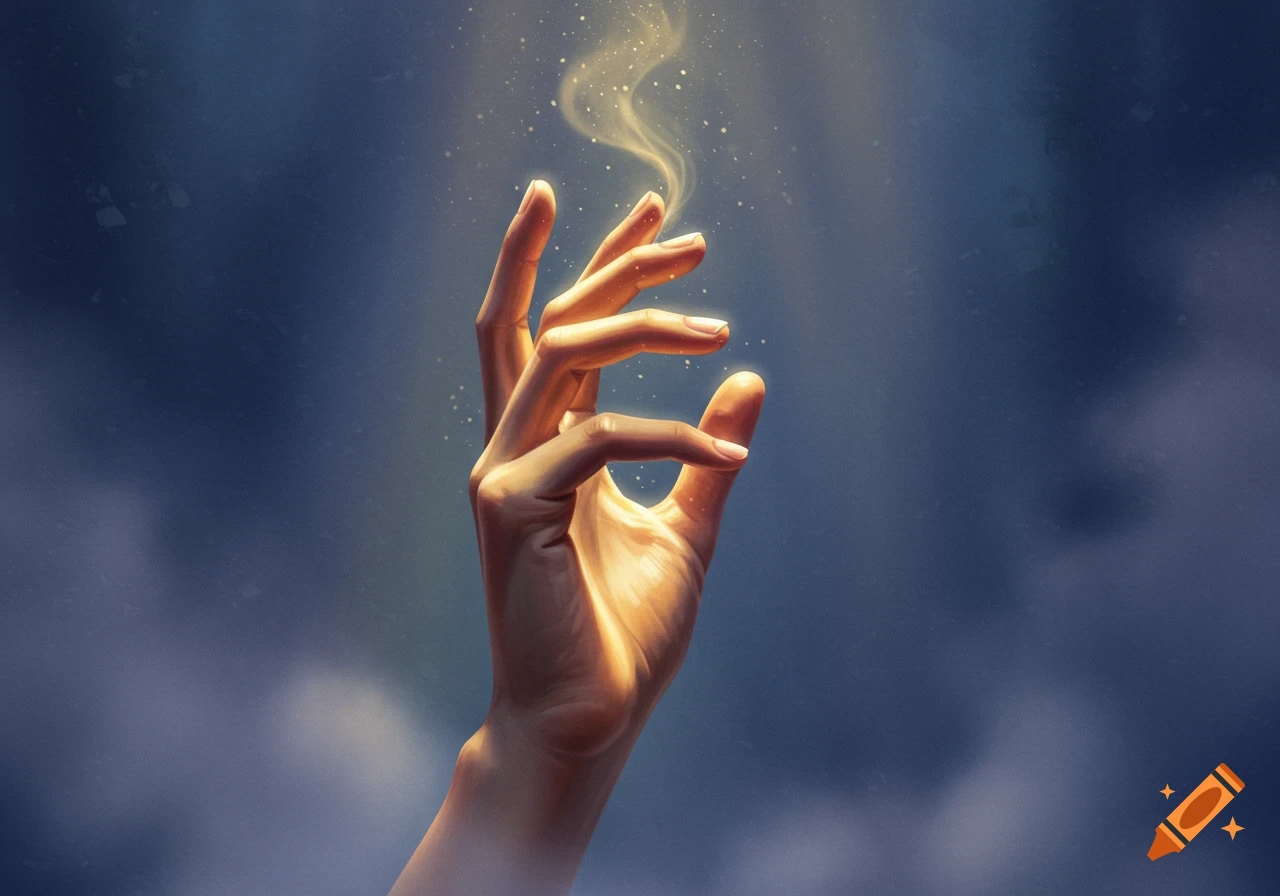 A human hand reaches upwards, emitting golden glowing smoke and particles against a dark blue, cloudy background.